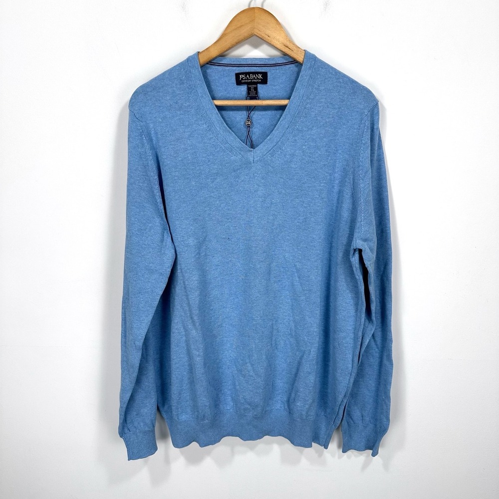 Jos A Bank V-Neck Sweater Mens XL Blue Pima Cotton Tailored Fit Comfort Stretch